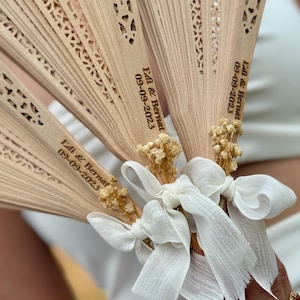 Personalized Wedding Fan, Wooden Hand Fan, Custom Guest Favor, Dried Flower Ribbon Fan, Engraved Name Fan