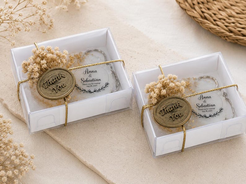 May include: Two clear square gift boxes containing round white keychains with the text Anna & Sebastian and Sep 08, 2025. Each box is tied with gold string and features a round bronze-coloured wax seal with the text Thank You and dried flowers.