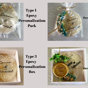 May include: Four circular epoxy resin coasters featuring white, green, and gold leaf accents. Personalisation includes names like Laura & Daniel. Packaging options include clear plastic bags, ribbons with pearls, white boxes, and wax seals with flowers.