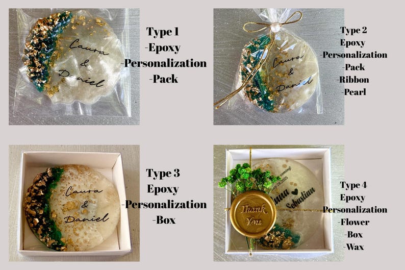 May include: Four circular epoxy resin coasters featuring white, green, and gold leaf accents. Personalisation includes names like Laura & Daniel. Packaging options include clear plastic bags, ribbons with pearls, white boxes, and wax seals with flowers.