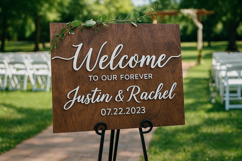 Puede incluir: Un letrero de boda de madera con letras blancas que dice "Welcome to our forever Justin & Rachel 07.22.2023". El letrero est&aacute; sobre un soporte de metal negro, con vegetaci&oacute;n en la parte superior. El fondo muestra una zona de c&eacute;sped y sillas blancas.