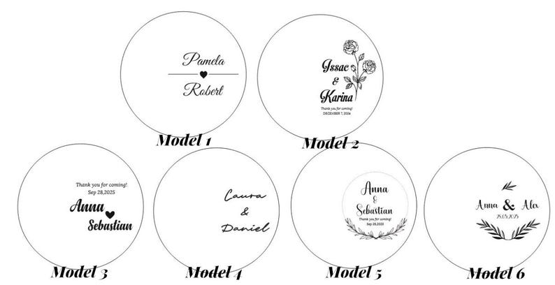 May include: Six circular white labels labelled Model 1 through Model 6, each featuring black text and graphic designs. The designs include names like Pamela and Robert, Isaac and Karina, Anna and Sebastian, Laura and Daniel, and Anna and Alex, accompanied by floral, heart, and leaf motifs.