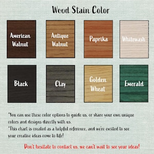 Puede incluir: Una carta de colores de tinte para madera con ocho opciones: American Walnut, Antique Walnut, Paprika, Whitewash, Black, Clay, Golden Wheat y Emerald. La carta incluye texto que anima a los clientes a compartir sus dise&ntilde;os &uacute;nicos.