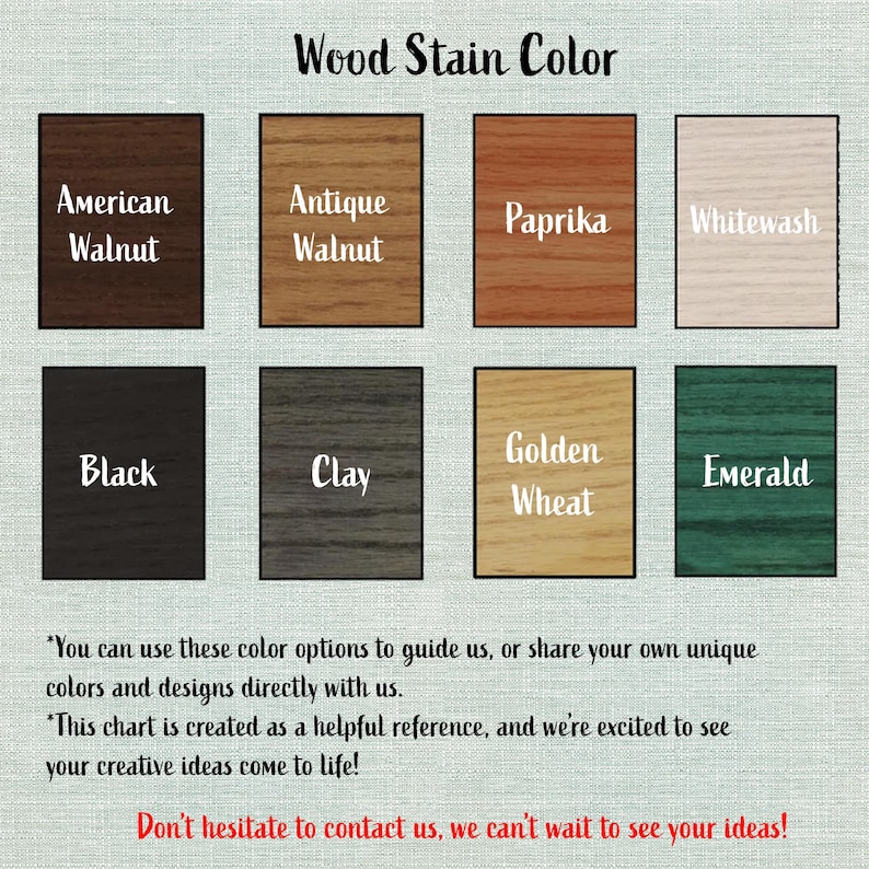 Puede incluir: Una carta de colores de tinte para madera con ocho opciones: American Walnut, Antique Walnut, Paprika, Whitewash, Black, Clay, Golden Wheat y Emerald. La carta incluye texto que anima a los clientes a compartir sus dise&ntilde;os &uacute;nicos.