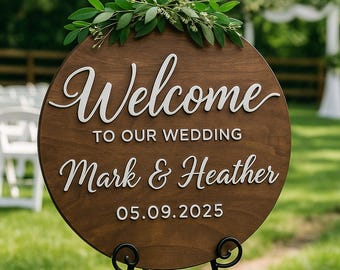 Letrero de madera redondo personalizado para boda