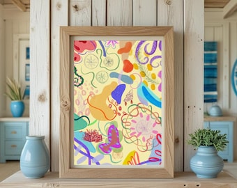 May include: A framed abstract art print with a vibrant design on a pale yellow backdrop. The artwork incorporates diverse shapes and lines in orange, blue, purple, and green hues. The frame is crafted from light-coloured wood.