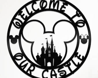 Welkom bij ons bord Mickey Castle, Disney Castle Mickey Head-muurdecoratie, magische hal kinderkamerbord, Home Sweet Home-cadeau, bord kinderkamer