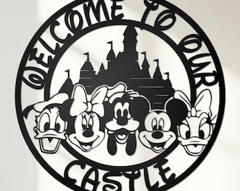 Custom Disney-geïnspireerd welkom familiebord - Mickey en vrienden kasteel muurkunst - Disney-figuren muurdecoratie - Custom huisdecoratie portiek