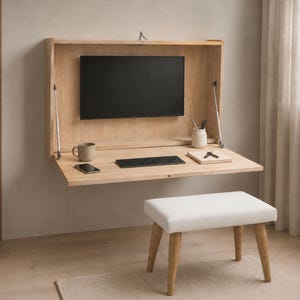 Può includere: Una scrivania a parete pieghevole in legno chiaro con monitor integrato, una superficie di lavoro piana con tastiera, smartphone, tazza e taccuino. Sotto la scrivania si trova una panca imbottita bianca con quattro gambe affusolate in legno.