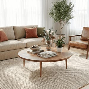 Könnte beinhalten: Ein Wohnzimmer mit beigem Sofa, rost- und olivfarbenen Kissen und einem runden Couchtisch aus Holz. Auf dem Tisch liegen Bücher und eine dekorative Schale. Ein Ledersessel und ein Olivenbaum im Topf ergänzen die neutrale, einladende Atmosphäre.