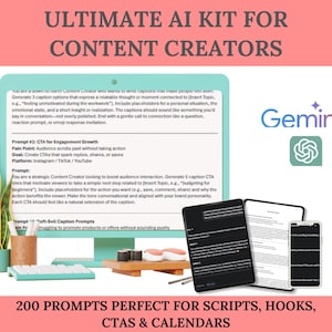 May include: An AI kit for content creators, featuring a computer screen with text, a keyboard, and a smartphone. The image includes the Gemini logo and text that reads "200 Prompts Perfect for Scripts, Hooks, CTAs & Calendars."