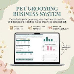May include: A digital pet grooming business system displayed on a laptop screen, featuring an editable Excel spreadsheet template with dashboard reporting, client tracking, job status charts, and financial data for grooming studios.