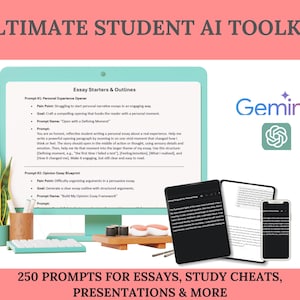 May include: An image promoting an "Ultimate Student AI Toolkit" with the Gemini logo. The image features a computer screen displaying essay outlines, along with a tablet and smartphone. The text reads "250 Prompts for Essays, Study Cheats, Presentations & More."