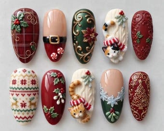 Handgemachte, gemütliche Weihnachtskatzen-Press-On-Nägel, 3D-Gel-Kätzchen, Weihnachtsmann-Gürtel und -Pullover-Imitat, Rot, festliche Maniküre