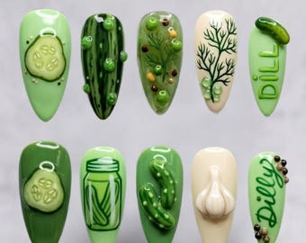 Handmade Pickle Press On Nails, 3D Gel Cucumber and Garlic Fake Art, Fresh Green Garden Acrylics, Quirky Vegetable Theme Manicure