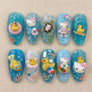 Hello Kitty Summer Pool 3D Press On Nails, Kawaii Rubber Duck Ocean Art, Custom Beach Floaties