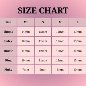 May include: A size chart with the text "SIZE CHART" at the top. The chart has rows for thumb, index, middle, ring, and pinky fingers, with corresponding sizes in millimeters for XS, S, M, and L sizes.