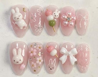 Handmade Miffy Sakura Press On Nails, 3D Dango Rabbit Flower Art, Kawaii Japanese Pink Jelly Almond Fake Nails