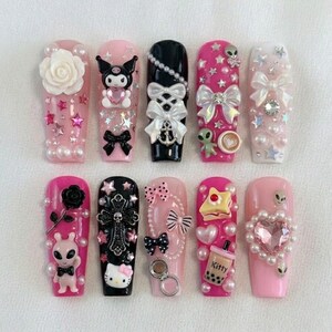 Sanrio Kuromi Hello Kitty 3D Press On Nails, Kawaii Y2K Goth Alien Art, Sweet Boba Coquette Custom, Long Coffin Shape