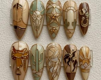 Western Stained Glass Press On Nails, Bull Skull Cowboy Boot Art Manicure
