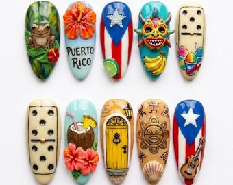Handmade Puerto Rico Flag Press On Nails, 3D Coqui and Hibiscus Flower Charms, Tropical Taino Sun False Nails
