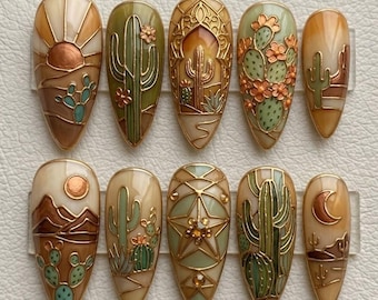 Unghie finte a pressione con motivo cactus oasi del deserto in cloisonné dorato, arte in terracotta salvia sud-occidentale, lusso personalizzato boho, forma a stiletto