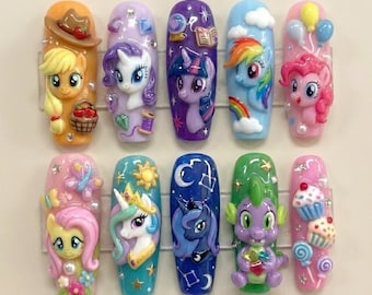 Handmade My Little Pony 3D Press On Nails, Twilight, Rainbow Dash, Pinkie Pie Set