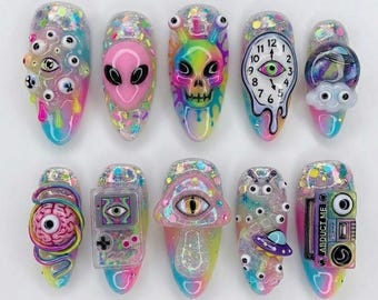 Trippy Psychedelic Alien 3D Press On Nails, Neon Rainbow Melting Clock Eye Art, Cyber Y2K Mushroom Custom