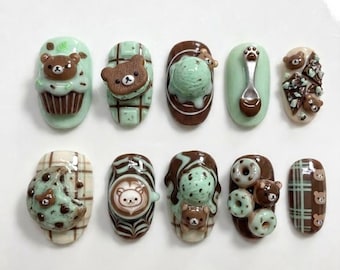 Unghie finte Rilakkuma Bear fatte a mano, design 3D a goccia di cioccolato alla menta, nail art Kawaii al gelato al cioccolato e menta, unghie finte personalizzate e dolci, verdi