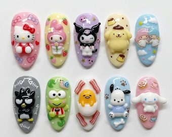 Handmade Kawaii Press On Nails, 3D Character Anime Manicure, Pastel Art