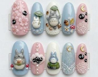 Presse 3D Totoro Ghibli sur les ongles, art sakura pastel anime kawaii, lutin de suie fantaisiste personnalisé, forme ovale longue