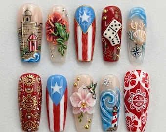 Handmade Puerto Rico Press On Nails, 3D Taino Custom Fake Nails, Tropical Caribbean Aesthetic Design, Flag Floral Art Nail Box