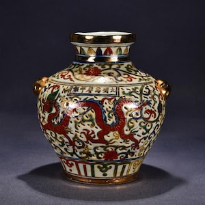 28CM Wanli Signed Antique Handmade Old Chinese Hand-painted Wucai Girdling Pot W/dragon
