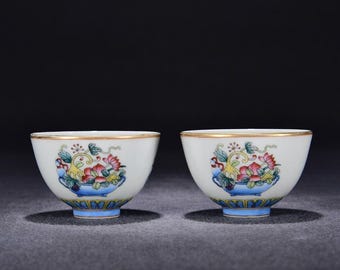 Qianlong Signed Antique Handmade Pair Old Chinese Hand-painted Famille Rose Cup W/flower