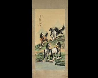 Xu Beihong Signed Chinese Hand Painted Calligraphy Scroll w/horse