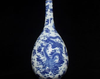 47CM Kangxi Old Signed Antique Chinese Hand-painted Blue & White Porcelain Vase w/ dragon
