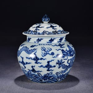 27CM Hongxi Signed Antique Handmade Old Chinese Hand-painted Blue &White Lid Pot Jar W/dragon