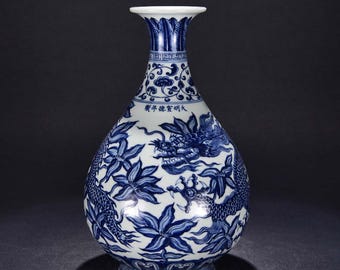 32CM Xuande Signed Antique Handmade Old Chinese Hand-painted Blue&White Vase W/dragon