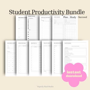 Puede incluir: Un paquete de productividad para estudiantes que incluye varias páginas de planificador blancas con texto negro y diseños de cuadrícula. Las páginas incluyen encabezados como Student Productivity Bundle, Plan Study Succeed y una flor rosa con texto.