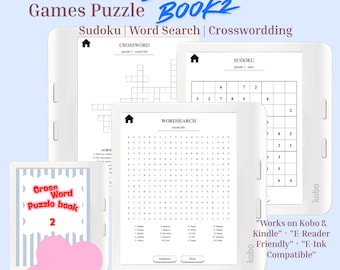 May include: A digital puzzle bundle for Kobo Libra e-readers featuring Sudoku, word search, and crossword puzzles. The display shows black and white grid layouts with text including Kobo Libra Games Puzzle Bundle Book 2, Works on Kobo & Kindle, E-Reader Friendly, and E-Ink Compatible.