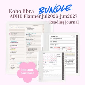 Puede incluir: Un paquete de lectores electrónicos Kobo Libra que incluye un planificador TDAH de julio de 2026 a junio de 2027 y un diario de lectura. Las pantallas muestran horarios diarios, listas de tareas, reseñas de libros y calendarios mensuales.