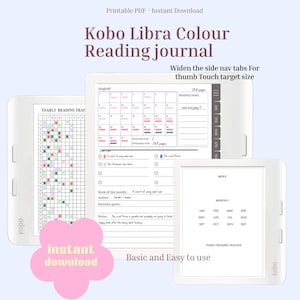 Puede incluir: Una plantilla digital de diario de lectura Kobo Libra Colour mostrada en tres lectores electrónicos blancos. Las pantallas muestran un rastreador de lectura anual, un calendario mensual de agosto con objetivos y una página de índice. El texto incluye Kobo Libra Colour Reading journal, Widen the side nav tabs For thumb Touch target size, Basic and Easy to use e instant download.