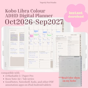 May include: A Kobo Libra Colour digital planner for October 2026 through September 2027. The display shows a monthly calendar, a daily schedule, and a yearly overview. The interface includes text labels for tasks, goals, and priorities.