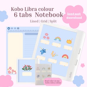 Puede incluir: Un cuaderno digital Kobo Libra colour de 6 pestañas con opciones de páginas rayadas, cuadriculadas y divididas. La pantalla muestra una interfaz azul claro con pegatinas dibujadas a mano que incluyen flores, arcoíris y mariposas. El texto dice Kobo Libra colour 6 tabs Notebook, Lined | Grid | Split e instant download.