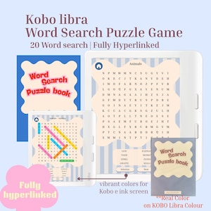 Op de afbeelding: Een digitaal Kobo Libra woordzoekerspel met 20 gehyperlinkte puzzels. Het scherm toont een raster met een dierenthema, een lichtblauwe gestreepte achtergrond en een golvende crèmekleurige rand. Inclusief een voorpagina en een pagina met oplossingen.