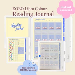 Puede incluir: Un diario de lectura digital para el lector electrónico Kobo Libra Colour, con un rastreador de series y un rastreador de lectura anual con diseños de interfaz en amarillo pastel, azul y morado. El texto dice Kobo Libra Colour Reading Journal.