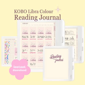 Puede incluir: Un diario de lectura digital Kobo Libra Colour mostrado en varias pantallas de lectores electrónicos. La interfaz presenta una vista de biblioteca con portadas de libros, un rastreador de lectura anual con cuadrículas coloridas y una portada.