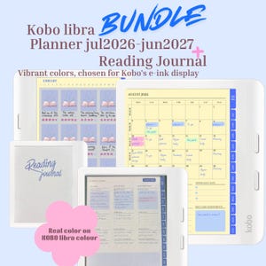 Puede incluir: Un paquete de planificador digital y diario de lectura Kobo Libra para julio de 2026 a junio de 2027. El lector electrónico blanco muestra una página de calendario amarilla de agosto de 2026 con texto azul y rosa, un rastreador de libros.