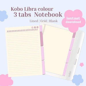 May include: A digital Kobo Libra colour 3 tabs notebook featuring lined, grid, and blank page options. The interface displays a cream-coloured page with purple side tabs and a top row of circular icons. Text reads: Kobo Libra colour 3 tabs Notebook, Lined | Grid | Blank, instant download.
