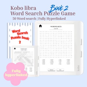 May include: A Kobo Libra e-reader displaying a word search puzzle game titled Book 2. The screen shows a grid of letters, a list of ocean life words, and navigation buttons. A pink flower-shaped graphic with the text Fully hyperlinked is visible.